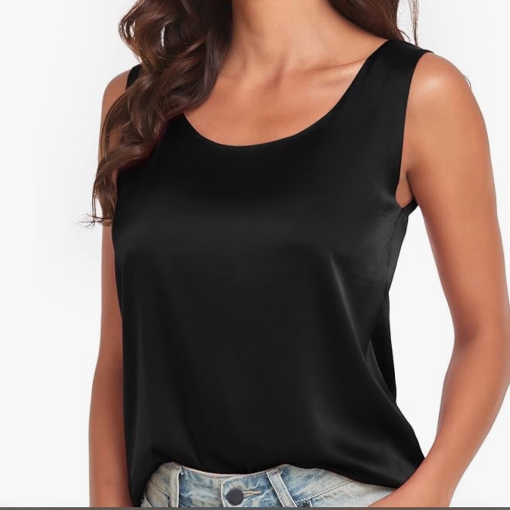 Classic Black U-Neck Wide Strap Stretch Ribbed Tank Top Camisole Size Small